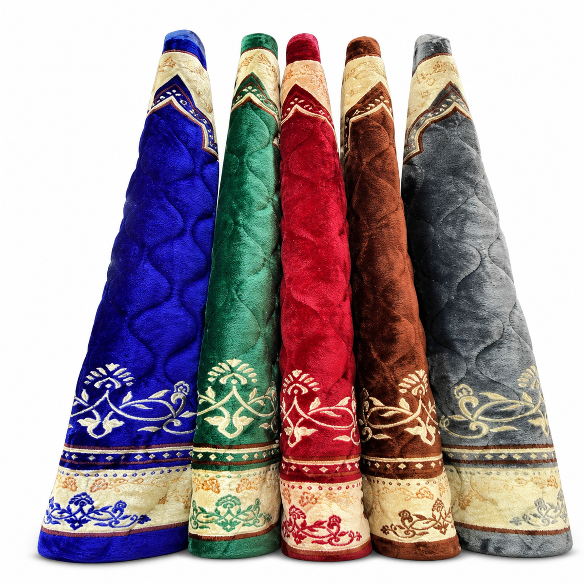 Five rolled plush prayer mats in blue, green, red, brown and grey