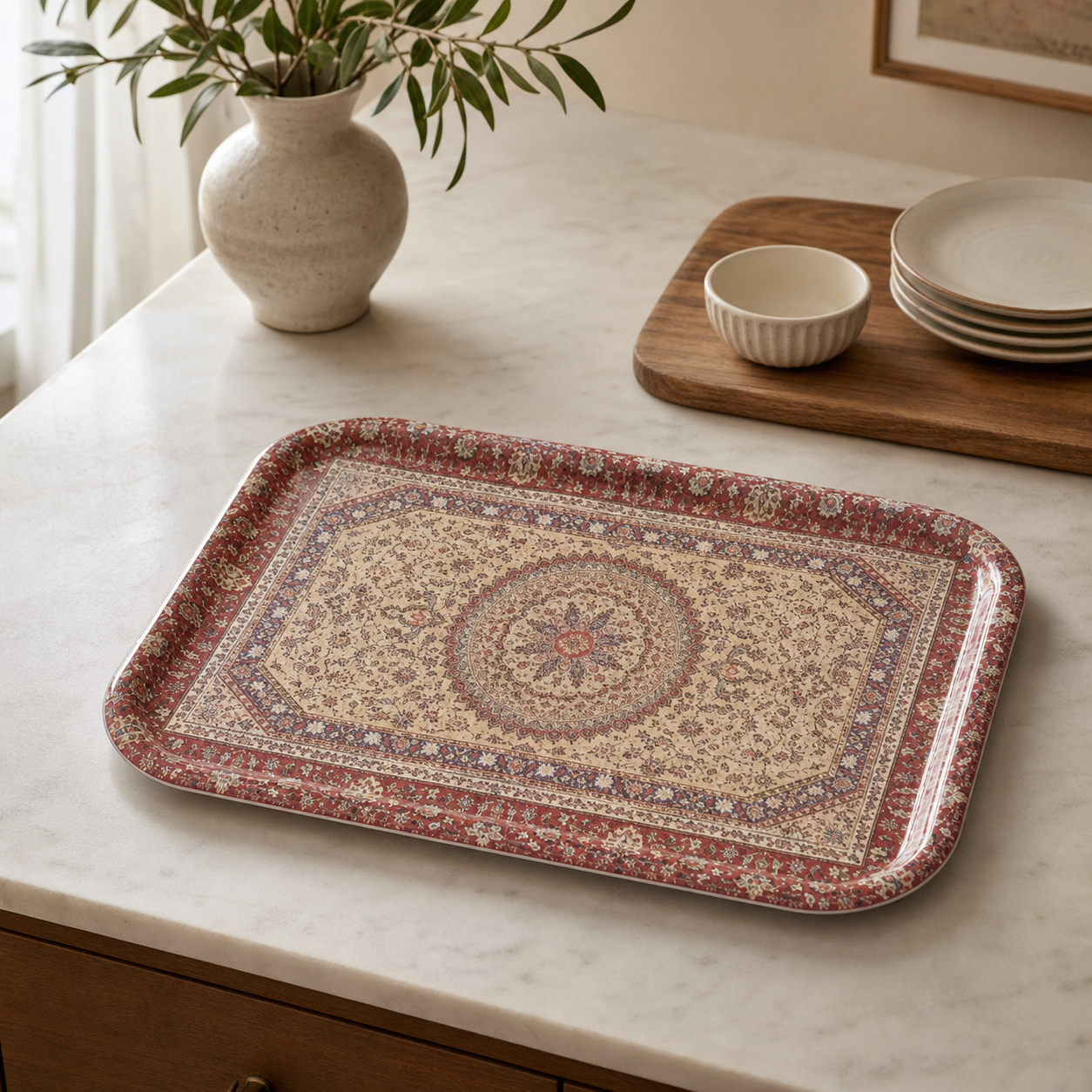 Rectangular plastic serving tray with red and cream carpet-style print