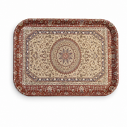 Rectangular plastic serving tray with red and cream carpet-style print