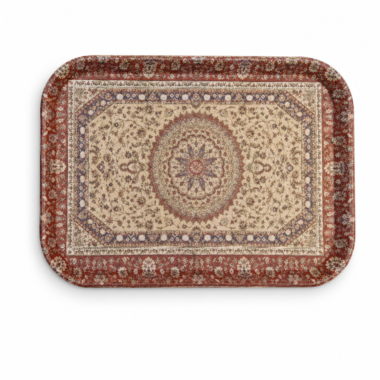 Rectangular plastic serving tray with red and cream carpet-style print