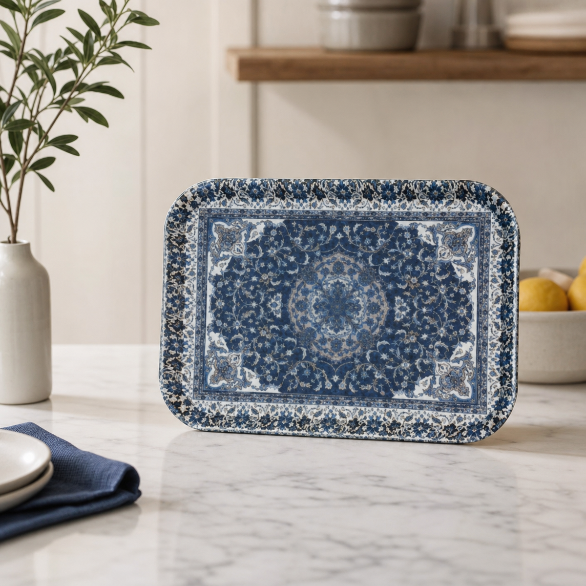 Rectangular plastic serving tray with blue and white floral print