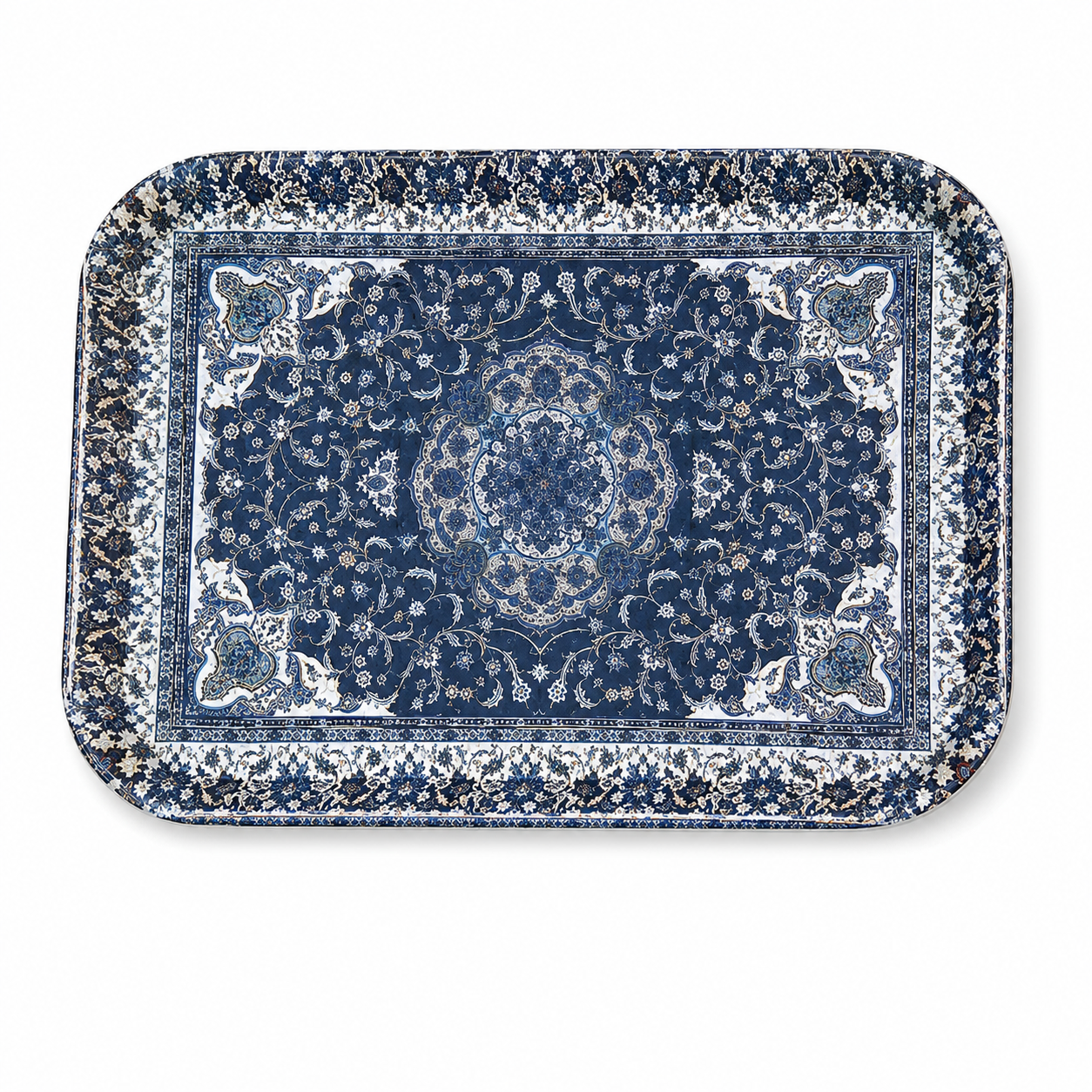 Rectangular plastic serving tray with blue and white floral print