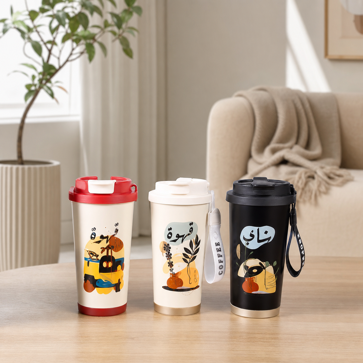 Three printed travel mugs with flip-top lids on a wooden table beside a plant and sofa