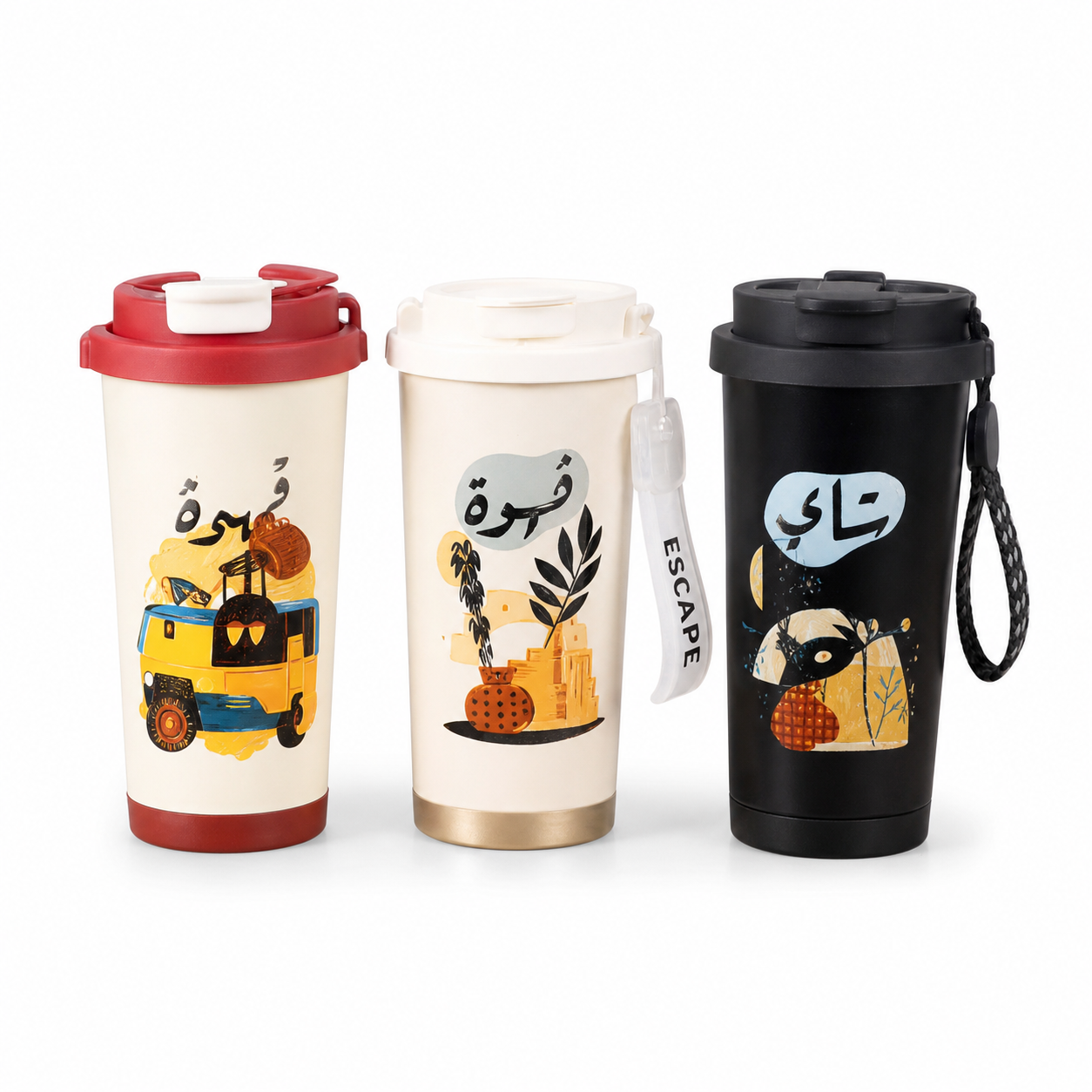 Three printed travel mugs with flip-top lids: cream with red lid, cream with gold base, and black