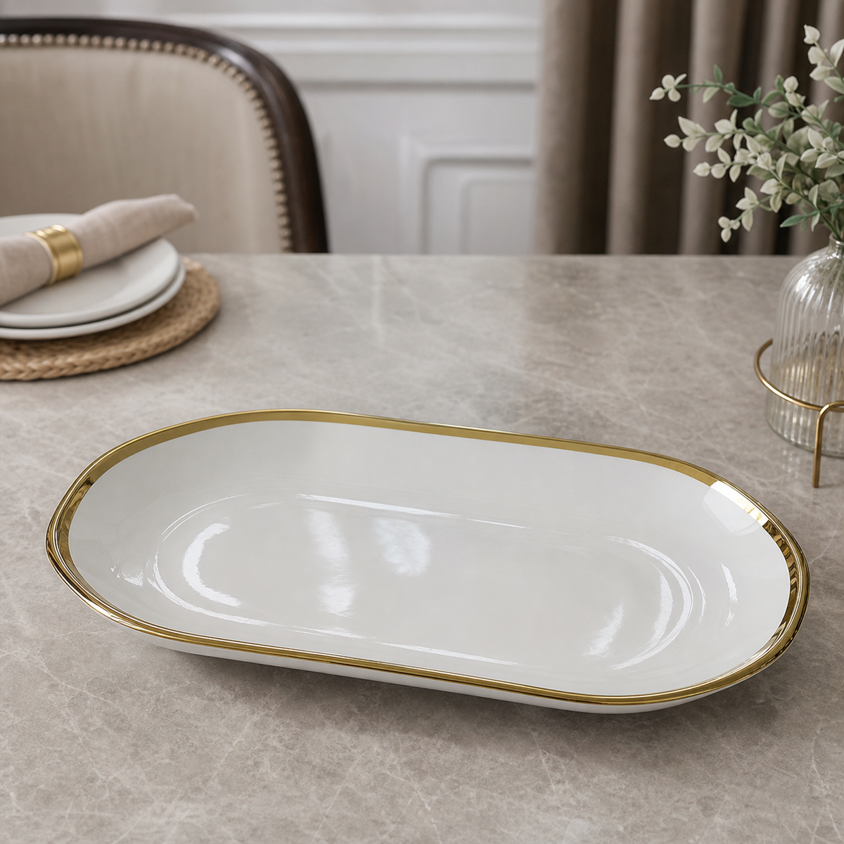 White ceramic oval serving plate with gold rim, 32 cm