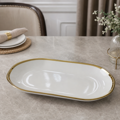 Ceramic Oval Serving Plate, 32 cm — Gold Rim