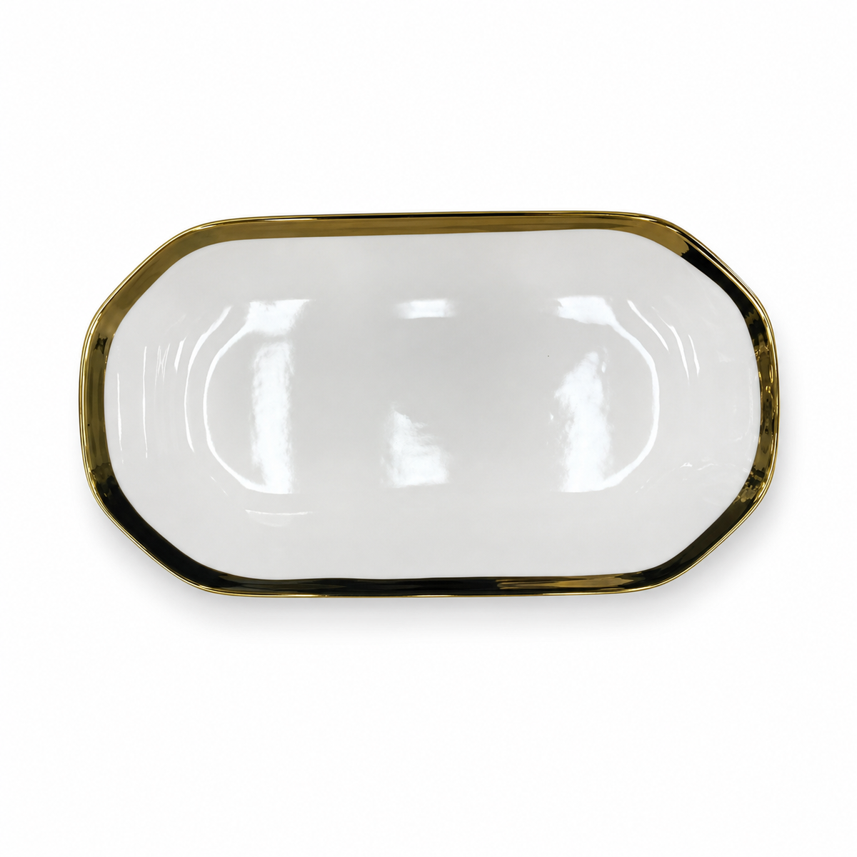 White ceramic oval serving plate with gold rim, 32 cm