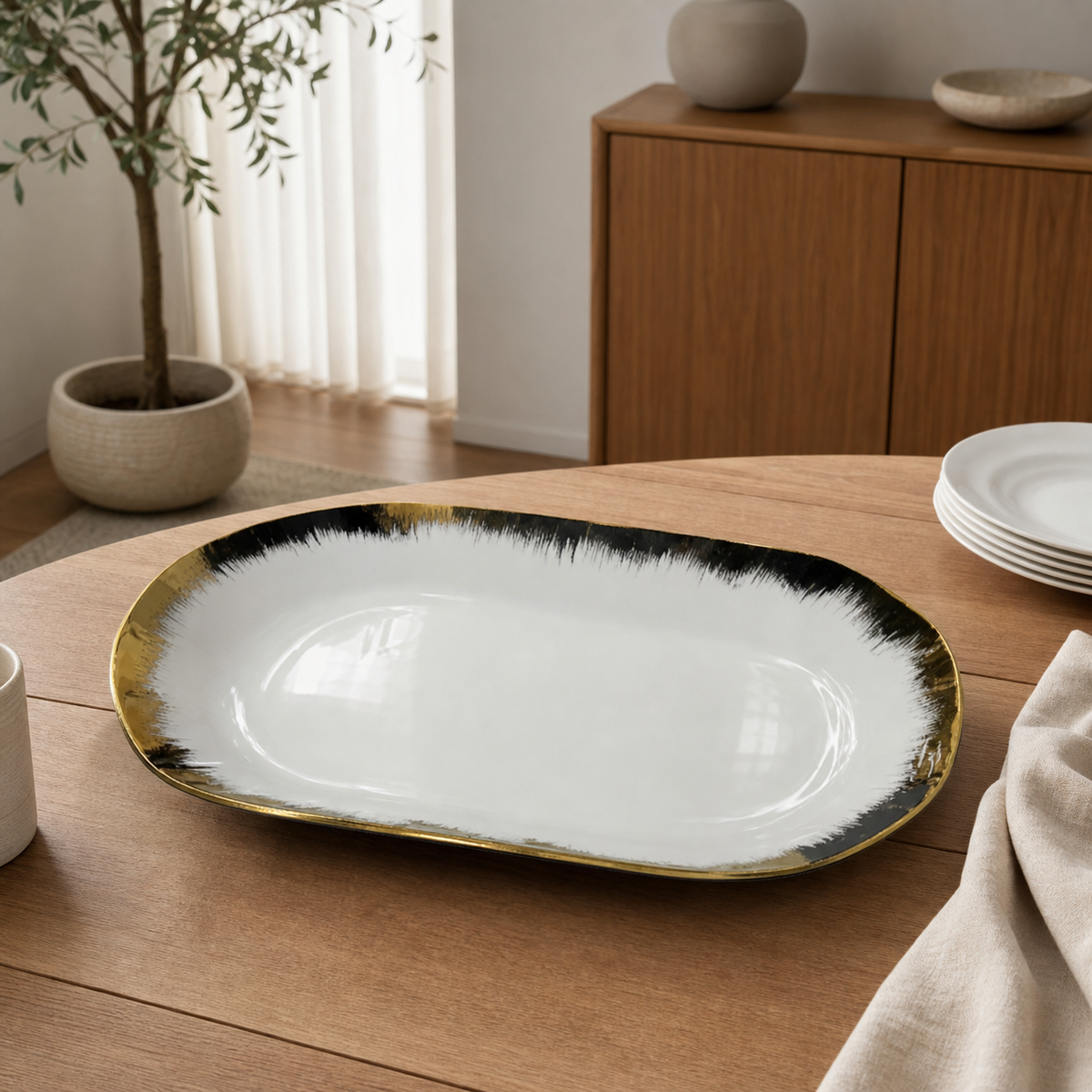White ceramic oval serving plate with black and gold rim, 32 cm