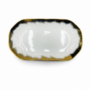 White ceramic oval serving plate with black and gold rim, 32 cm