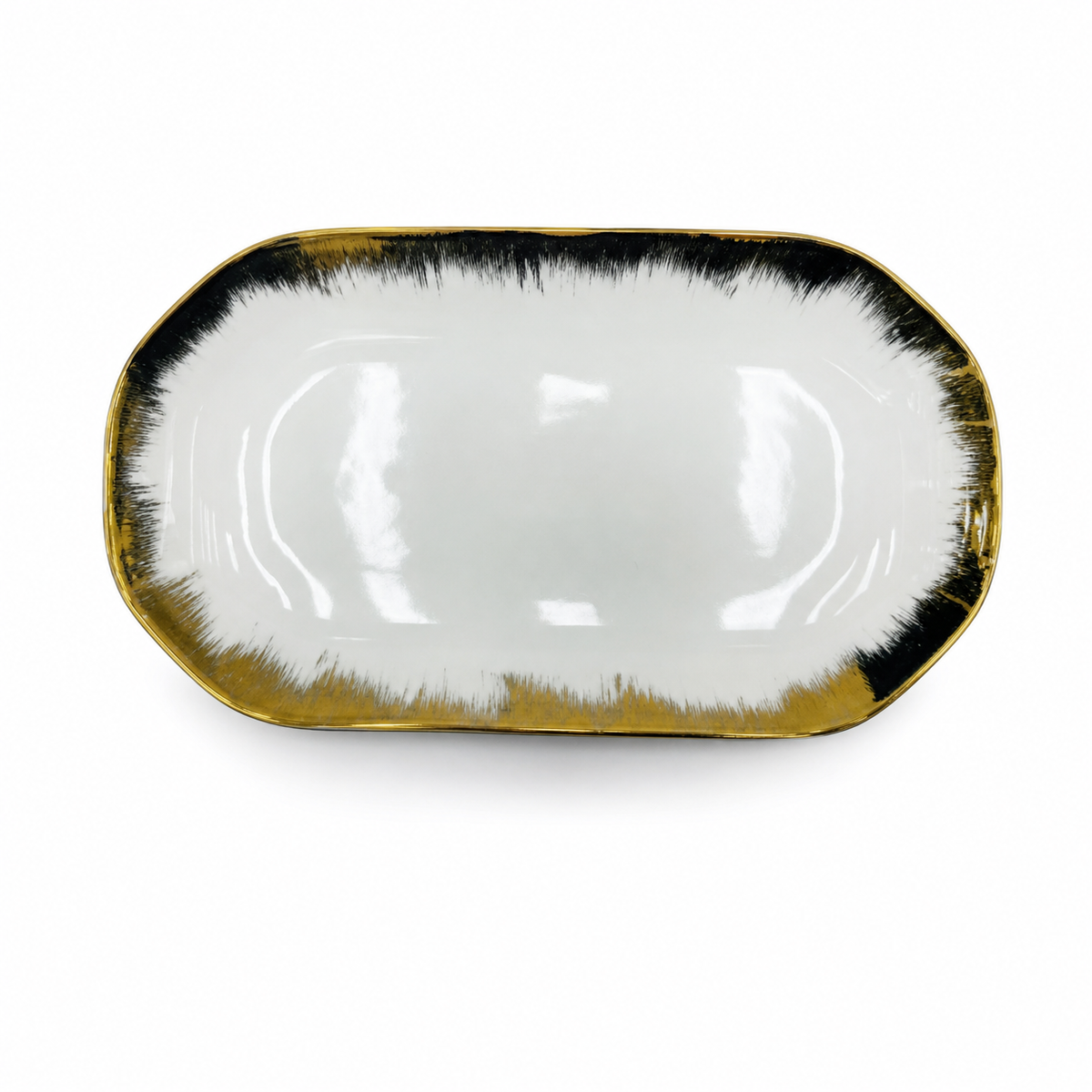 White ceramic oval serving plate with black and gold rim, 32 cm