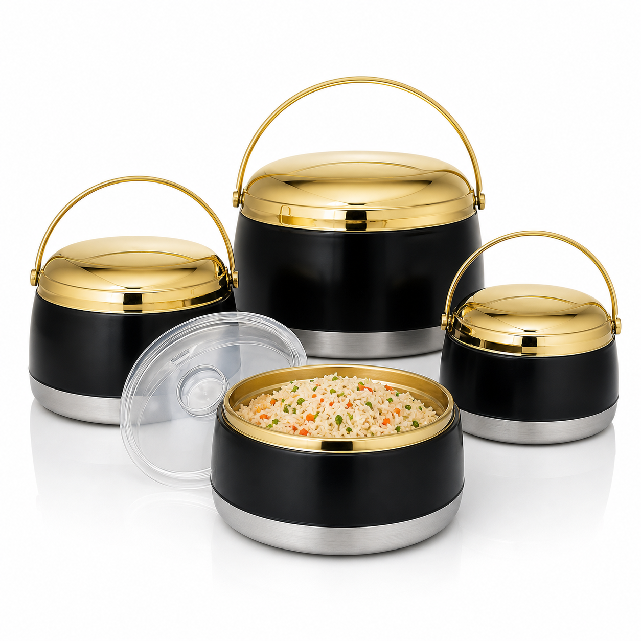Four black insulated food warmer pots with gold-tone domed lids, one open showing rice