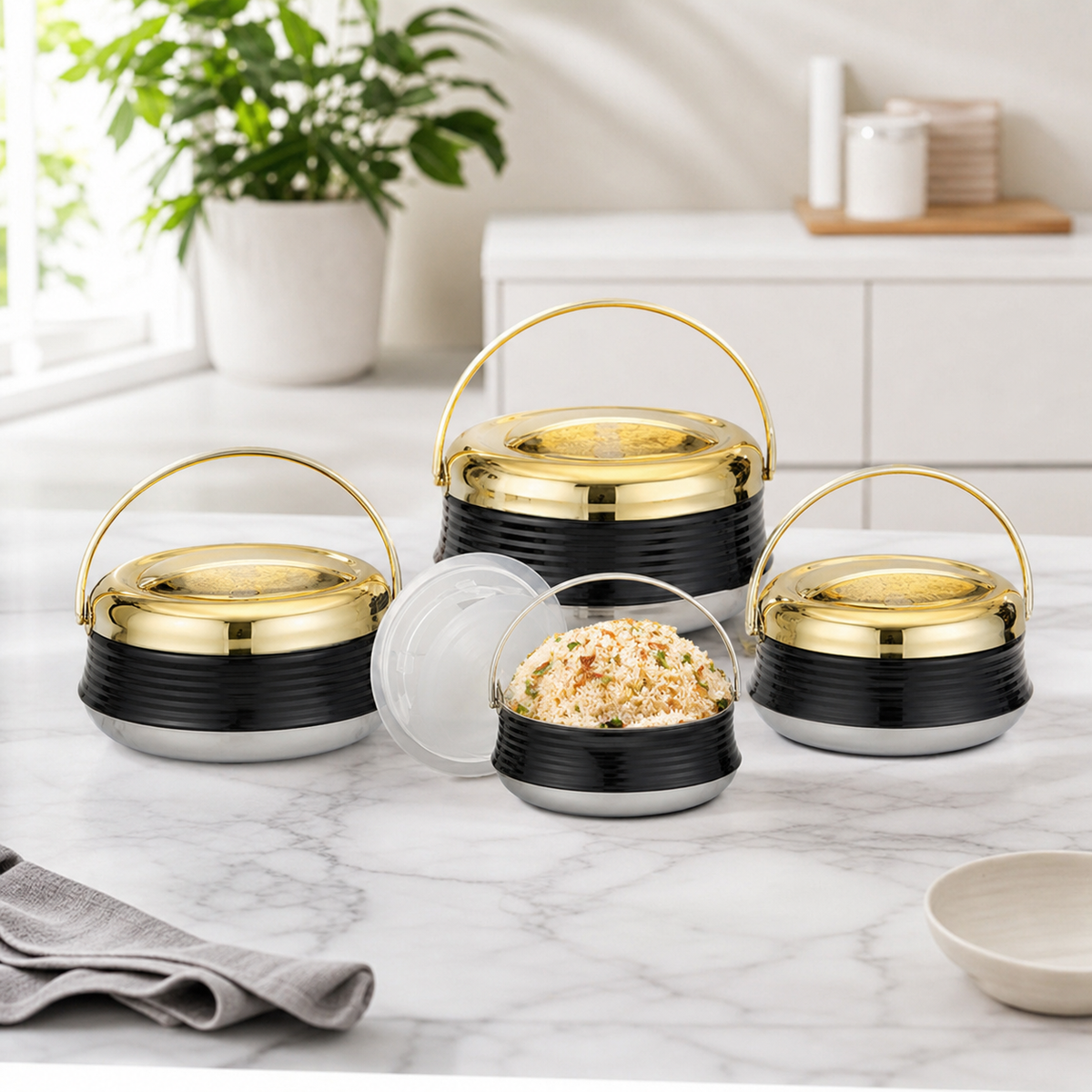 Black ribbed food warmer pots with gold-tone lids on a kitchen counter, front pot open with rice
