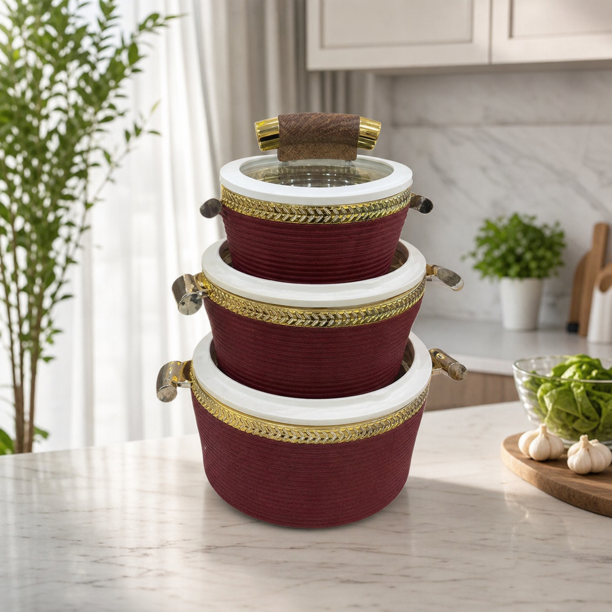 Red and gold nested serving pots with white rims on a marble kitchen counter