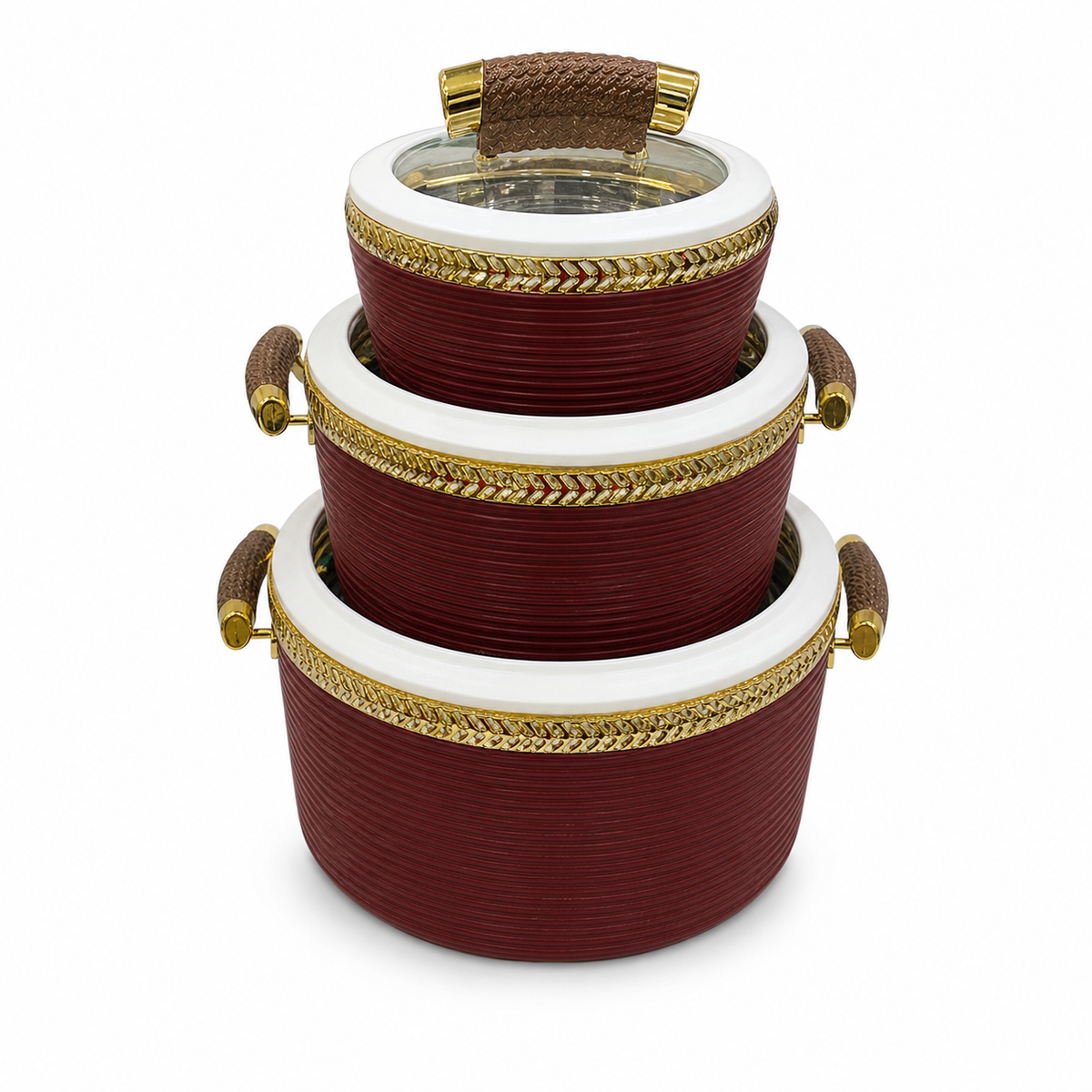 Three nested deep red serving pots with white rims and gold braided bands