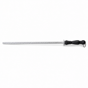 Round knurled steel rod with a flared metal hand guard, black turned handle and hanging ring