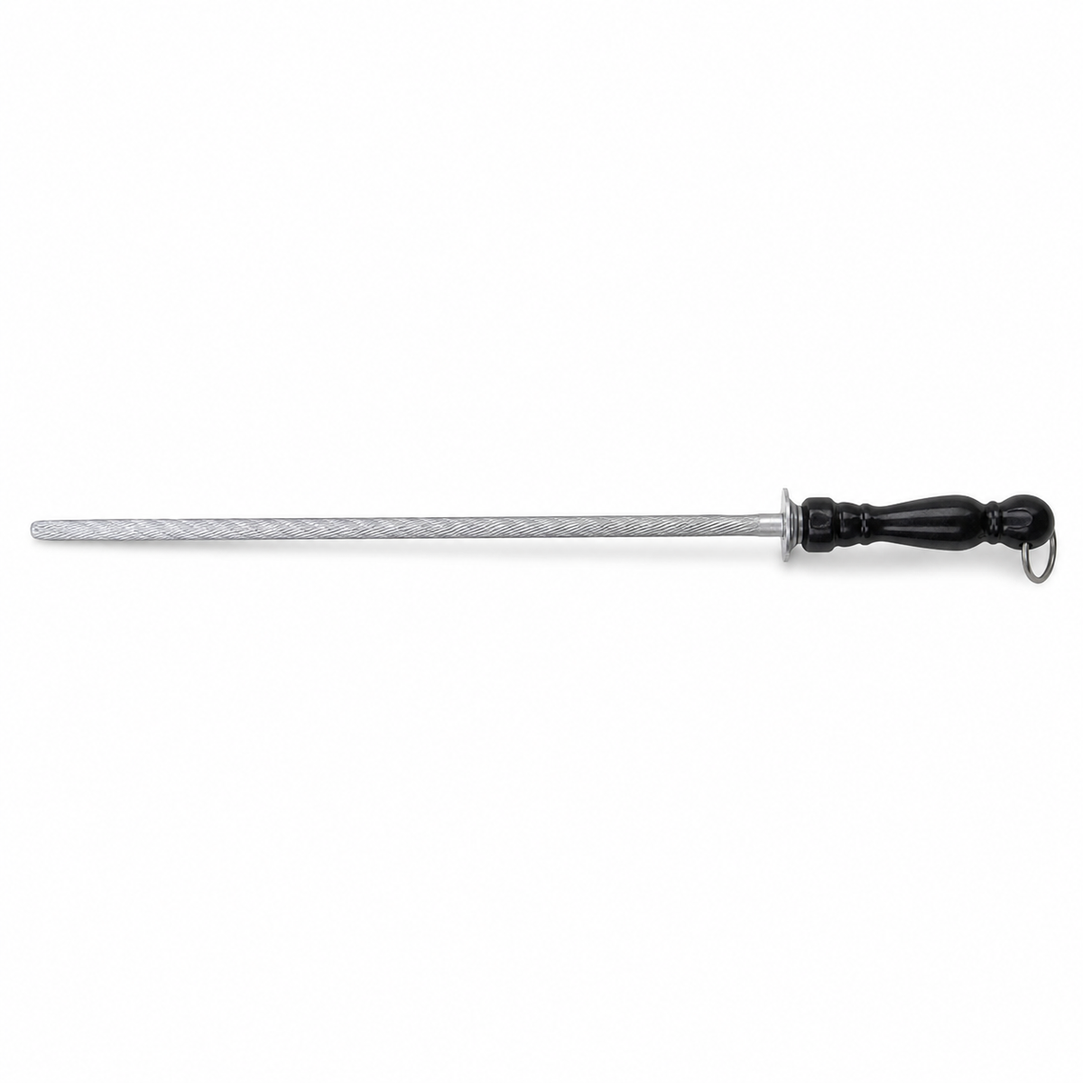 Round knurled steel rod with a flared metal hand guard, black turned handle and hanging ring