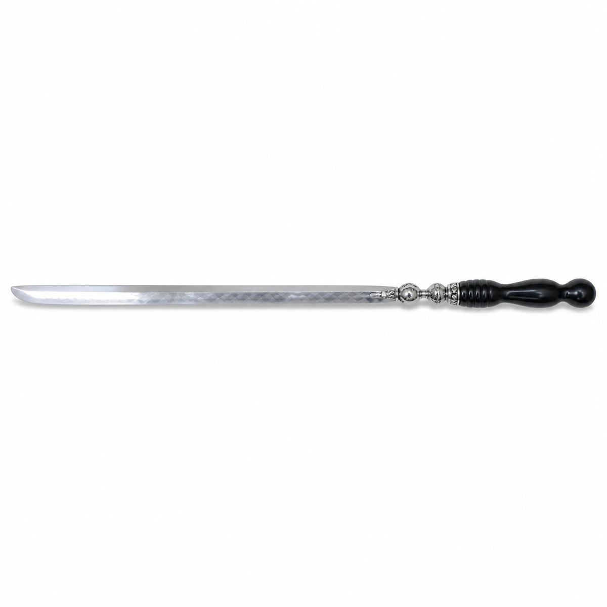 Flat steel skewer with two ornate silver beads at the joint and a ribbed black turned handle