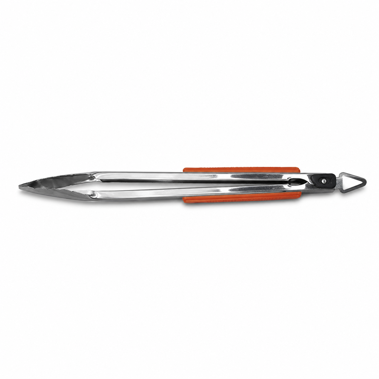 Stainless steel BBQ tongs with orange grip strips and scalloped jaws, on a white background