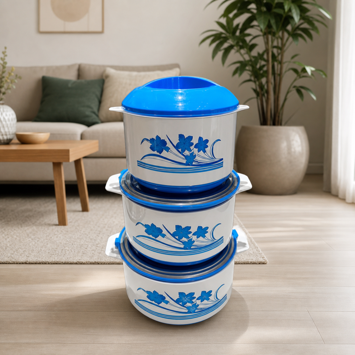 Blue and white floral stainless steel pot set, three pieces