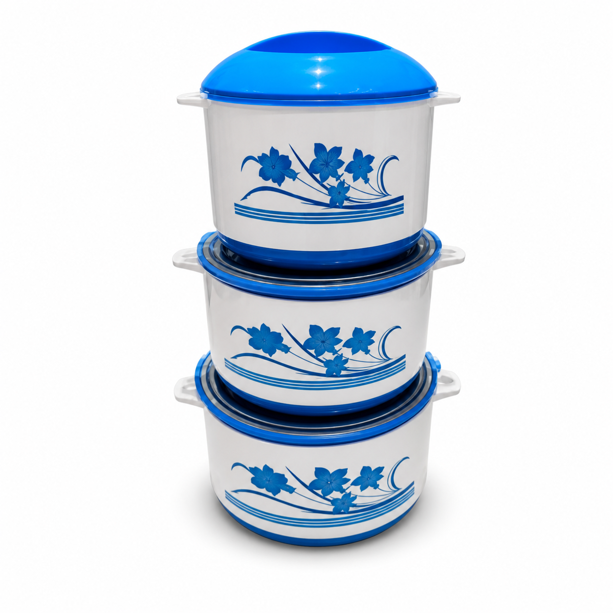 Blue and white floral stainless steel pot set, three pieces