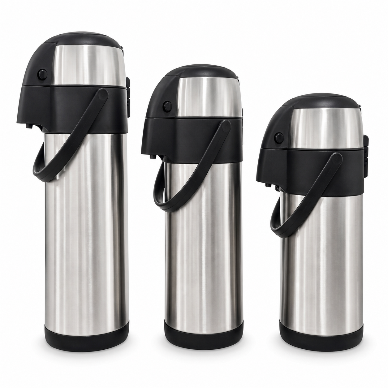Three pump airpot flasks in graduated sizes, brushed silver bodies with black tops and handles