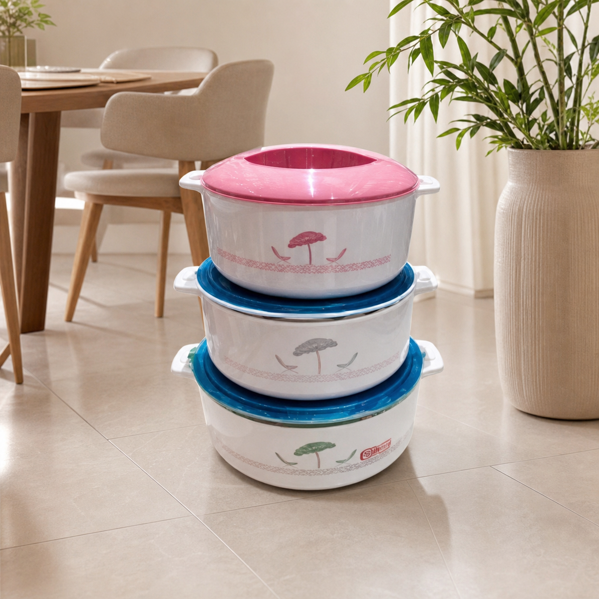 Stacked three-piece white food warmer set with pink and blue lids on a tiled floor by a plant
