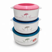 Three-piece food warmer set stacked, white bodies with one pink lid and two blue lids