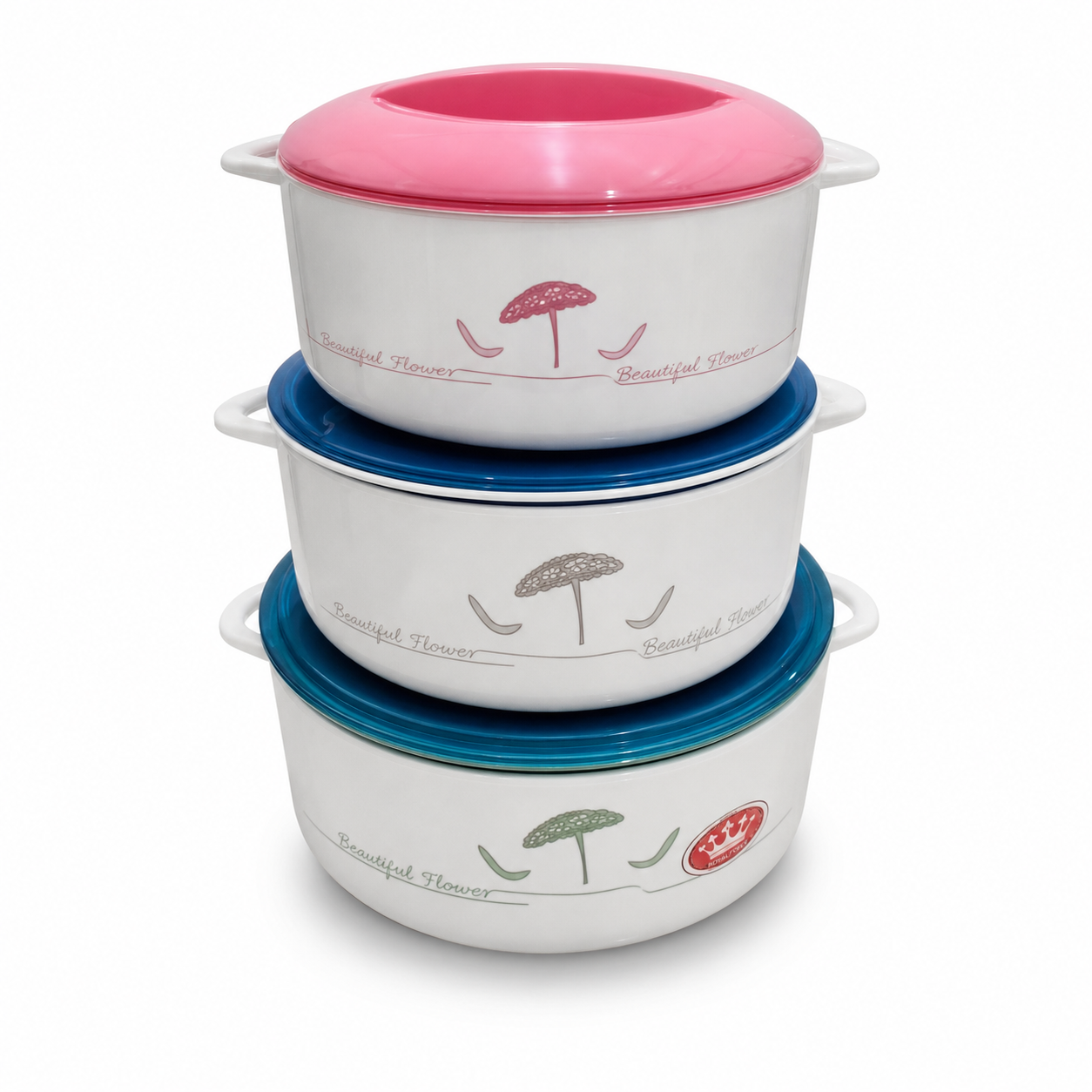 Three-piece food warmer set stacked, white bodies with one pink lid and two blue lids