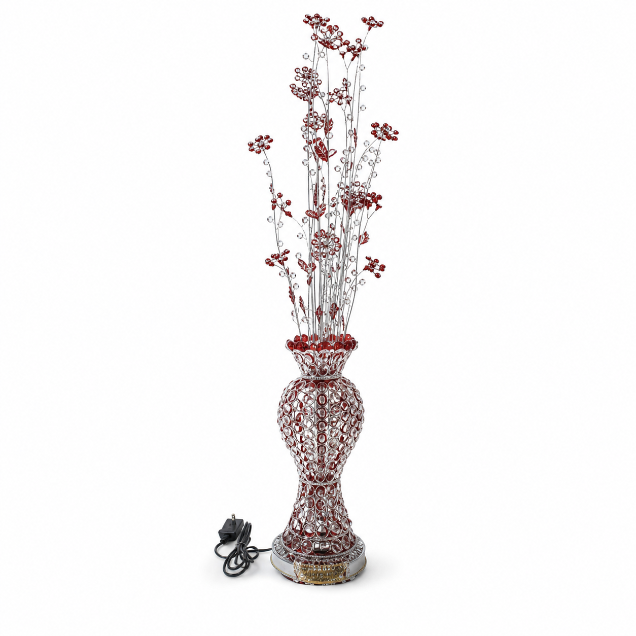 Beaded metal flower-vase floor lamp, 70 cm, red and clear beads on a silver-tone frame, mirrored base