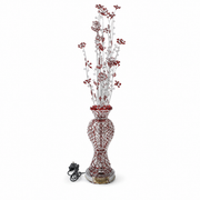 Beaded metal flower-vase floor lamp, 70 cm, red and clear beads on a silver-tone frame, mirrored base
