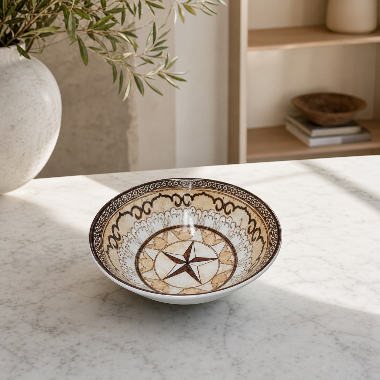 Cream and beige ceramic bowl with brown star pattern, 6 inches