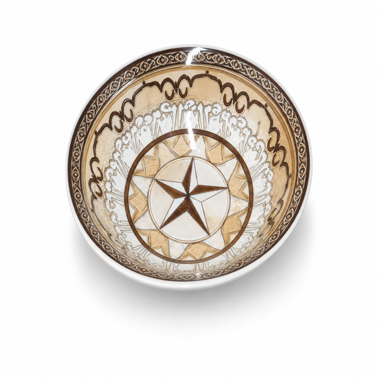 Cream and beige ceramic bowl with brown star pattern, 6 inches