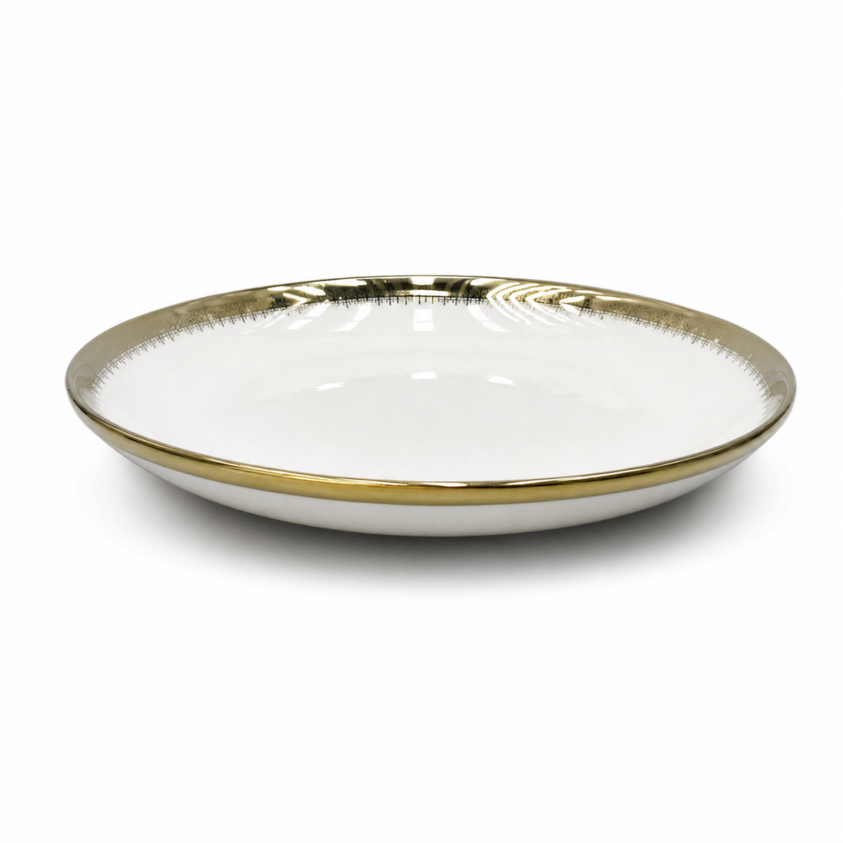Deep white ceramic coupe plate with gold rim and fine brush-stroke edge, on a white background