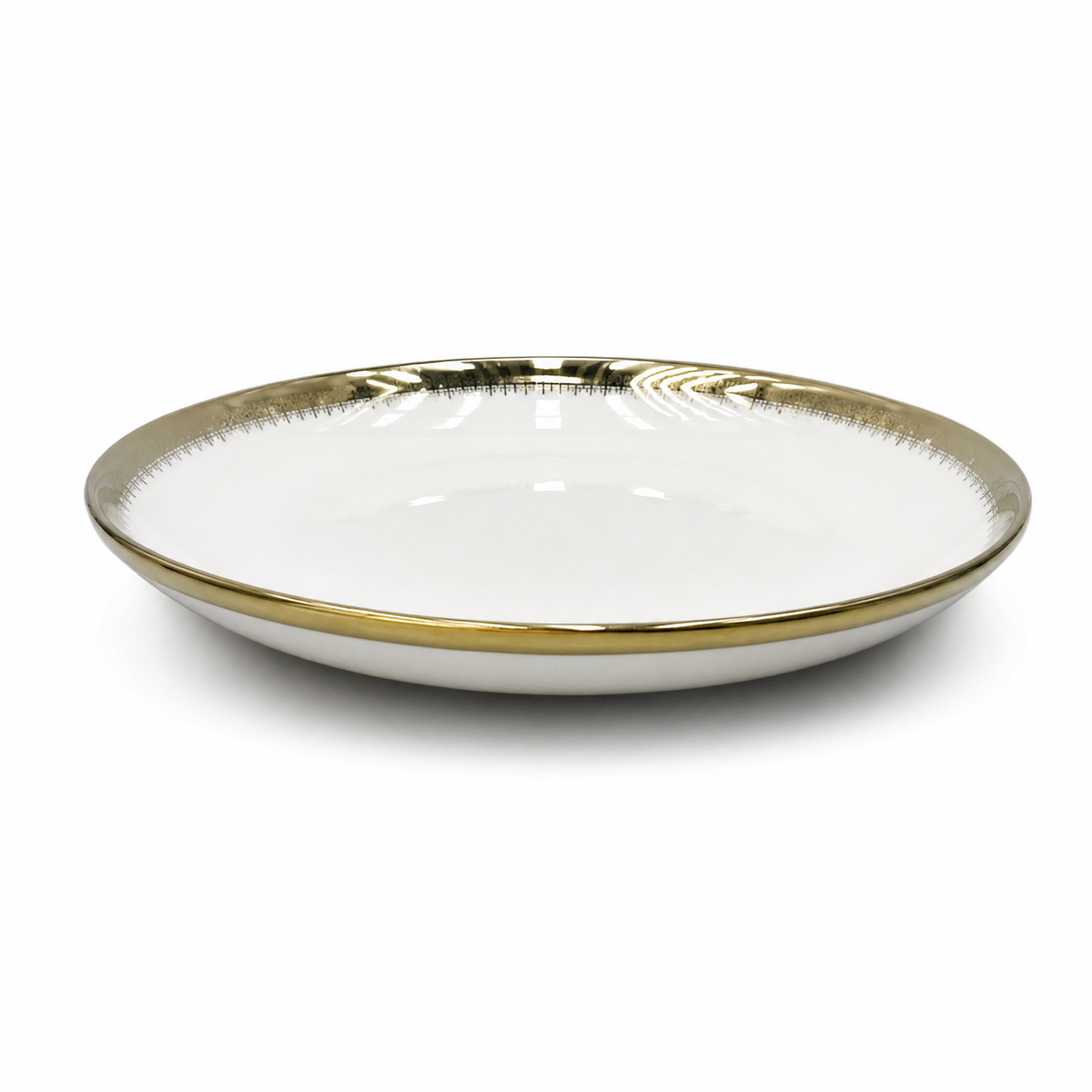Deep white ceramic coupe plate with gold rim and fine brush-stroke edge, on a white background