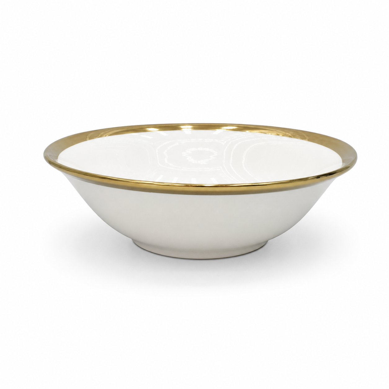 White ceramic bowl with gold rim, 7 inches