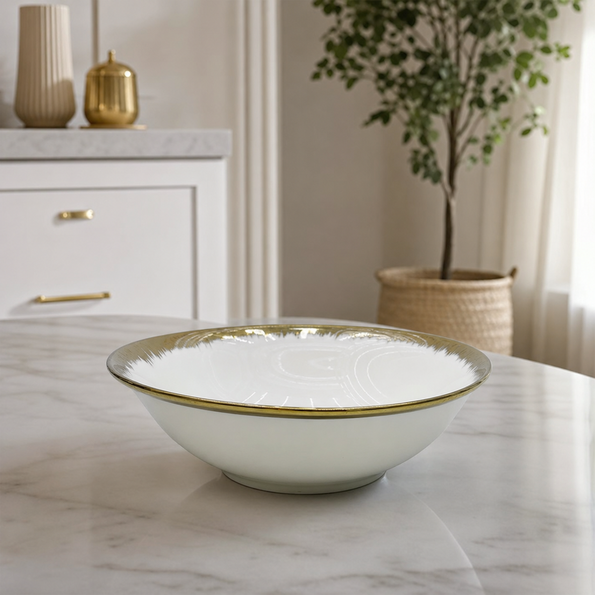 White ceramic bowl with gold rim, 6 inches