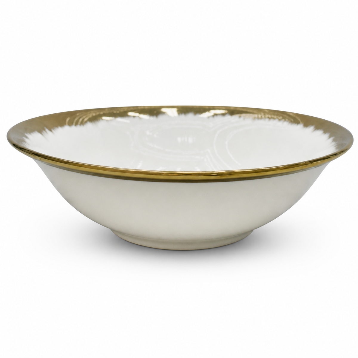 White ceramic bowl with gold rim, 6 inches