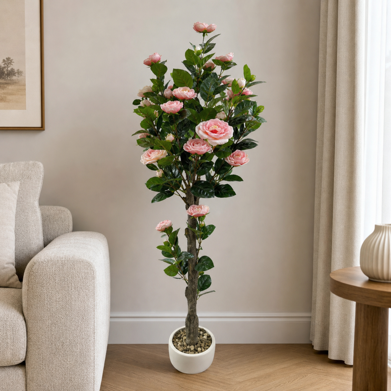 Artificial pink rose flower tree with green foliage, 1.5 m tall