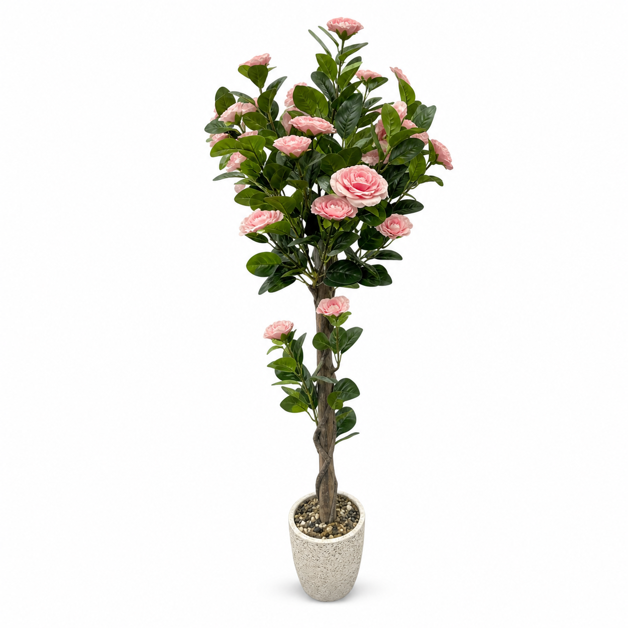 Artificial pink rose flower tree with green foliage, 1.5 m tall