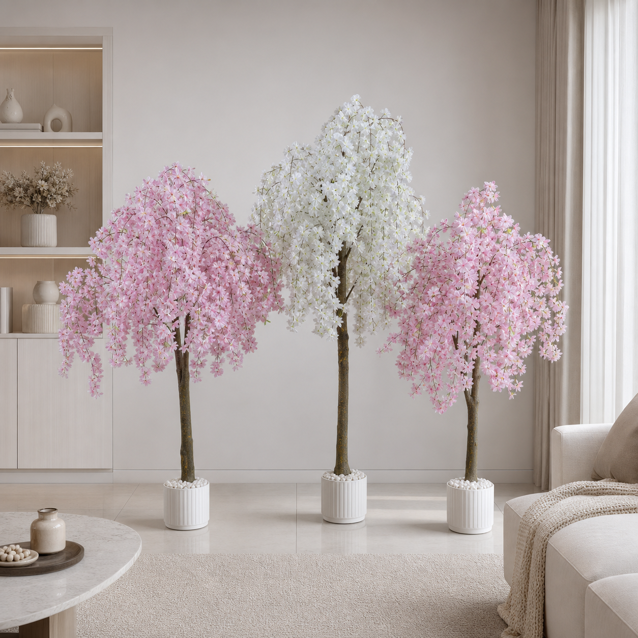 Artificial cherry blossom trees in pink and white standing in a bright, neutral living room