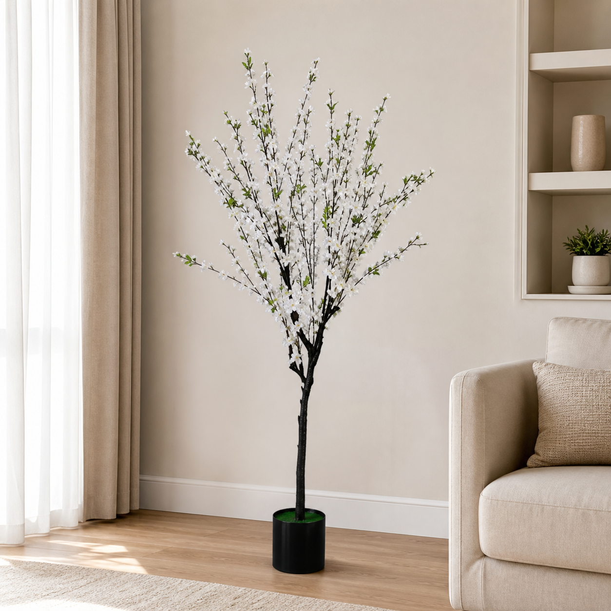 Artificial blossom tree with white blossoms, 1.25 m tall