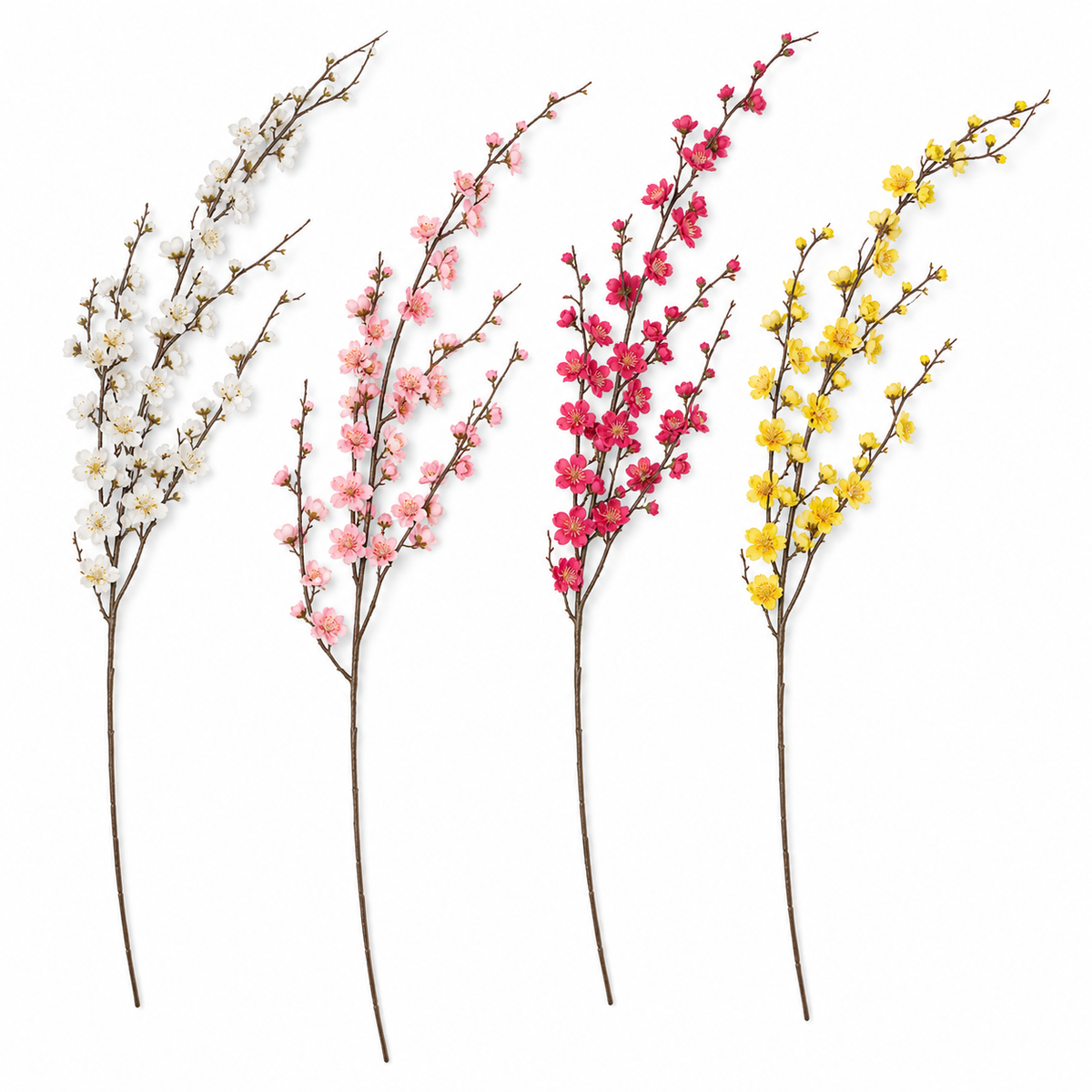 Four artificial blossom stems in white, soft pink, deep rose-red and yellow