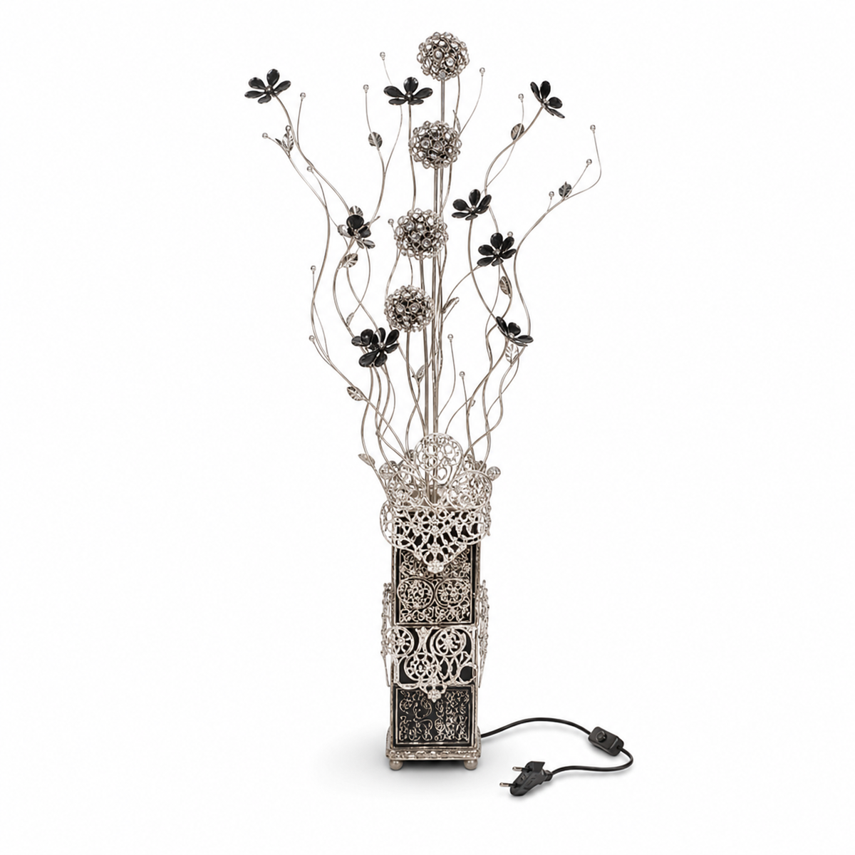 Decorative floor lamp: black metal flowers and clear-bead pompom blooms on wire stems in a filigree vase column
