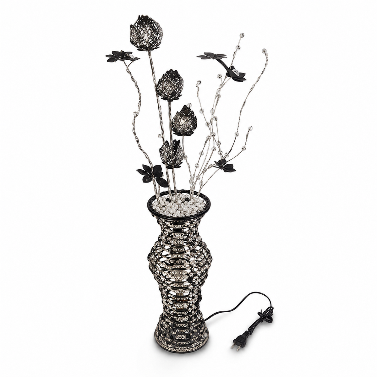 Floor lamp with black bud-shaped metal flowers rising from a beaded urn vase filled with white pebbles