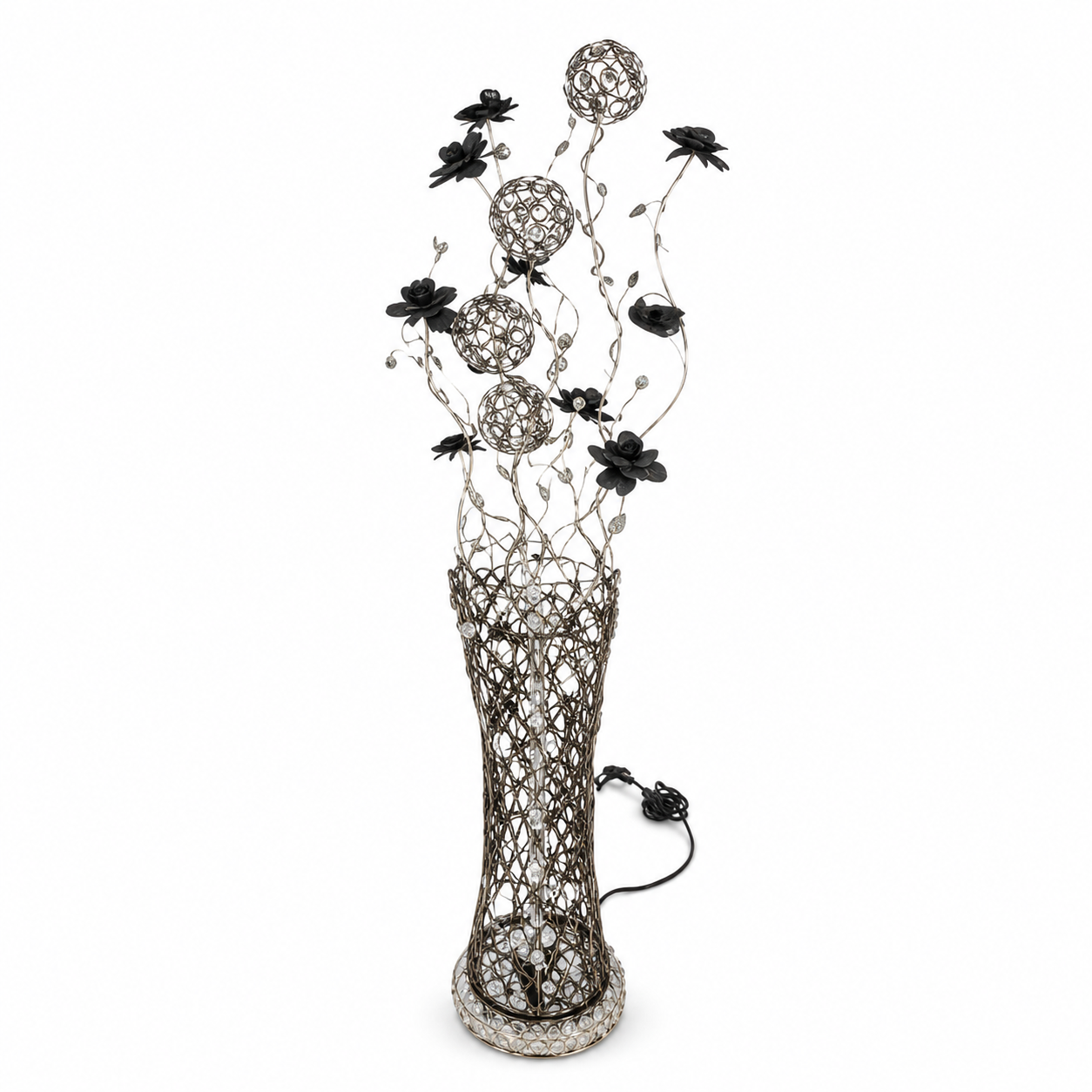 Floor lamp with black metal roses and open-wire bead spheres in a tall waisted mesh vase on a beaded disc base