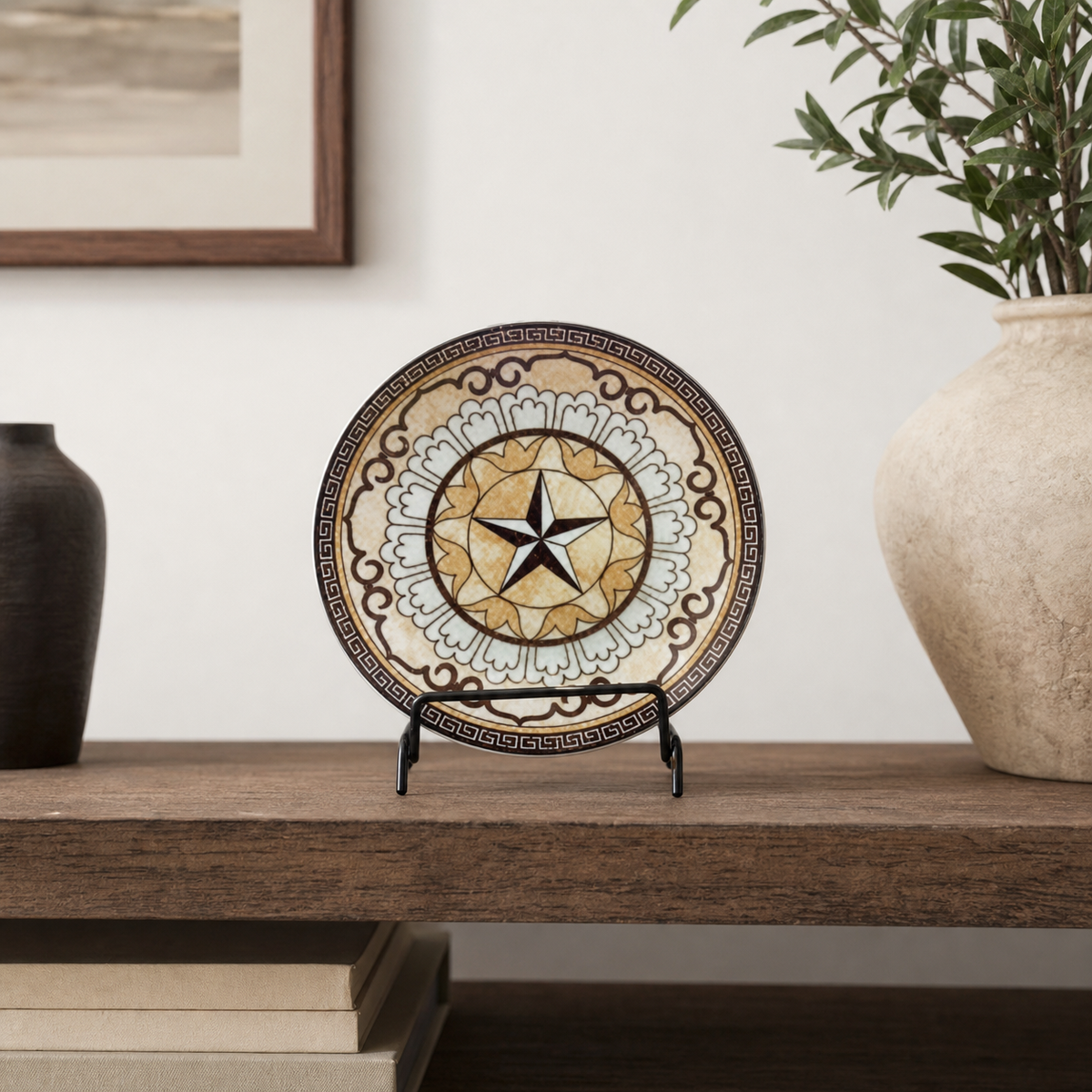 Beige and cream ceramic plate with brown star medallion pattern, 10 inches