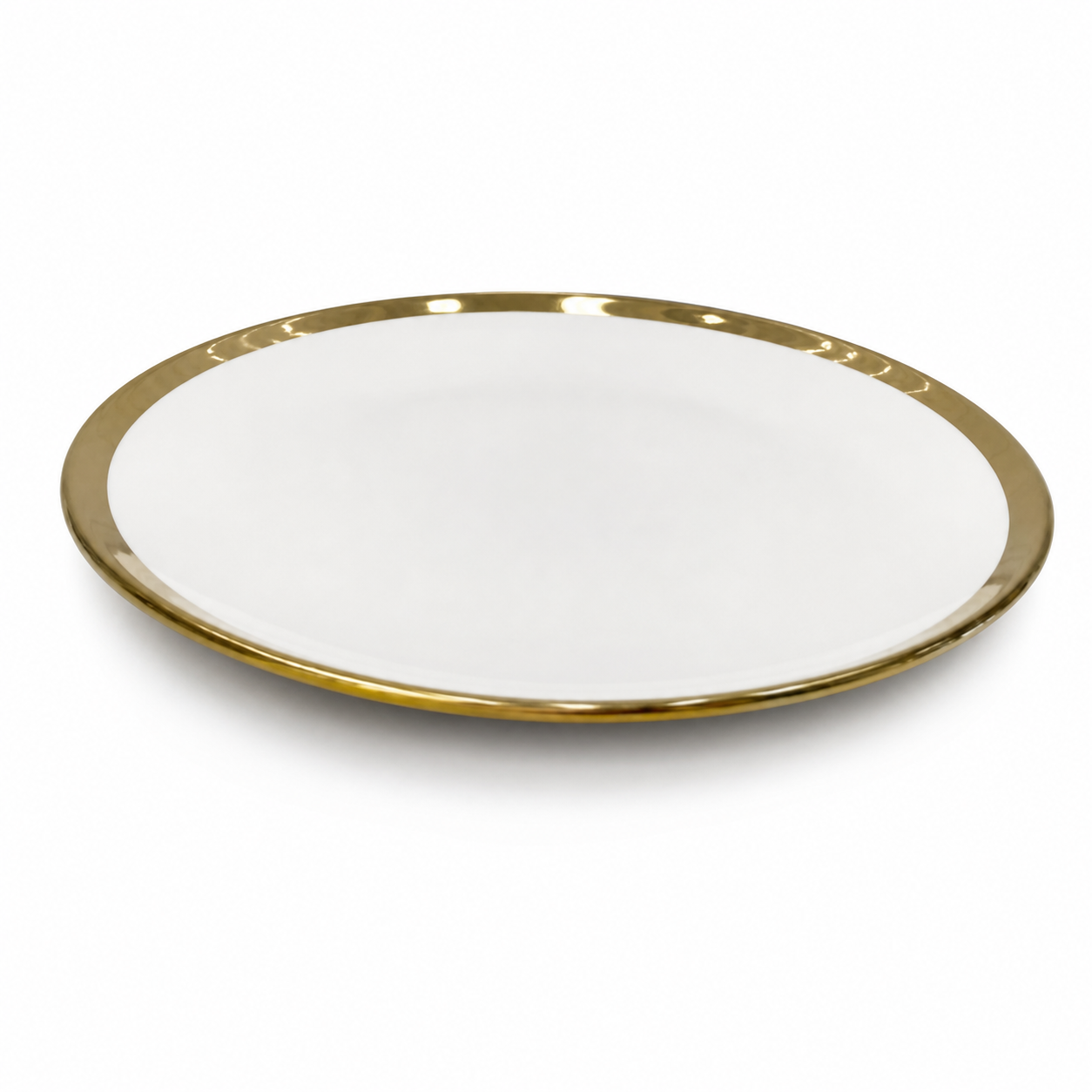 Flat white ceramic plate with a wide plain polished gold rim band, on a white background