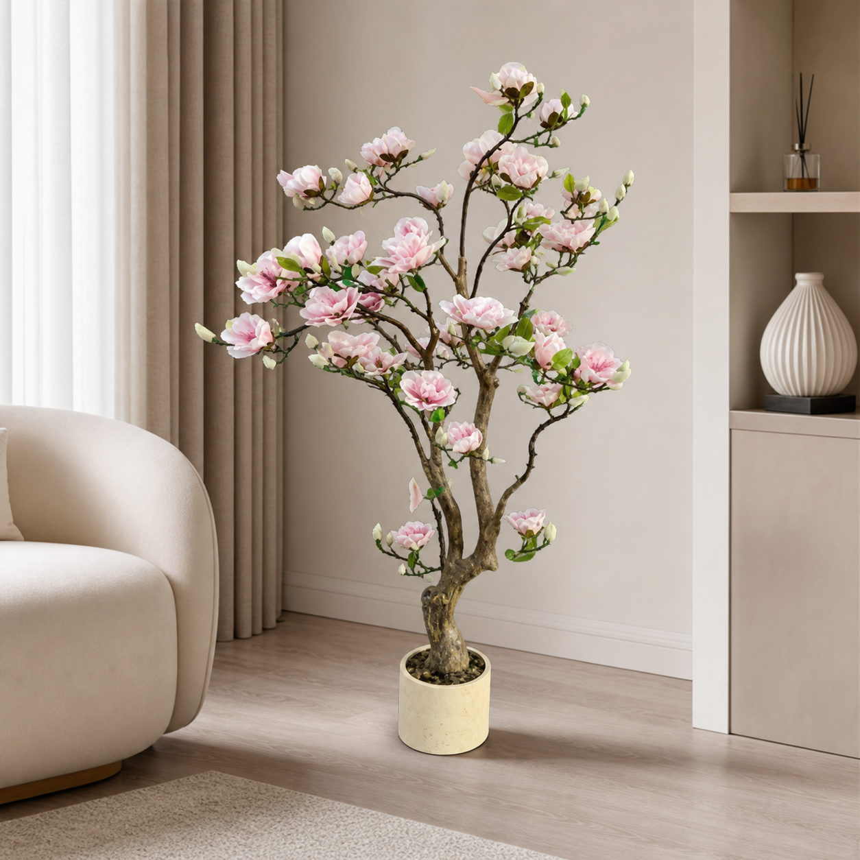 Artificial pink blossom tree in a cream pot, 1.4 m tall