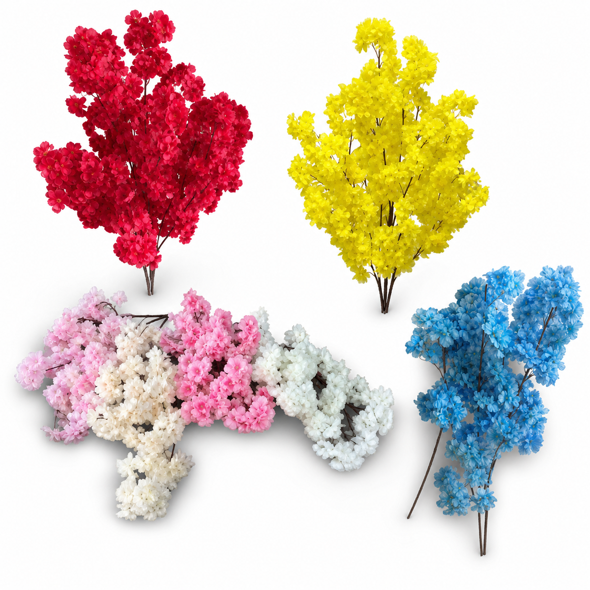 Artificial cherry blossom branch stems in red, yellow, pink and blue