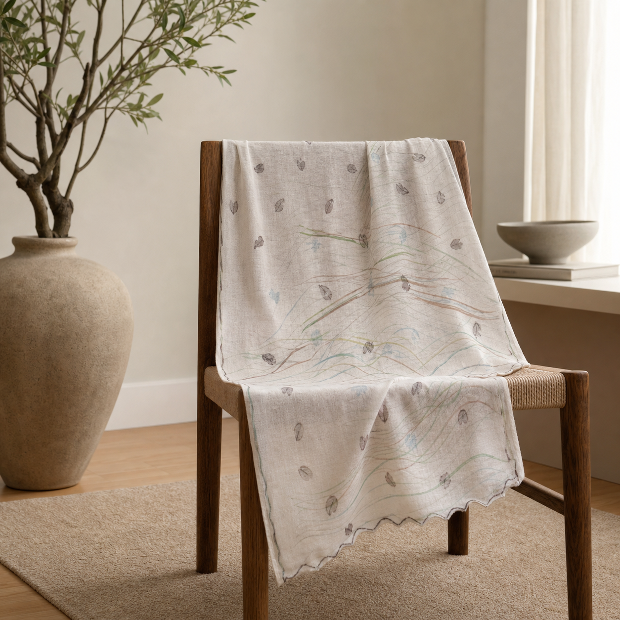 Cream scarf with scalloped edge, 70 × 170 cm